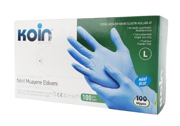 Koinsmh Pudrasız Mavi Nitril L Boy Muayene Eldiveni 100 Adet